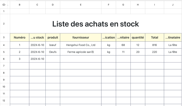 Liste des achats en stock